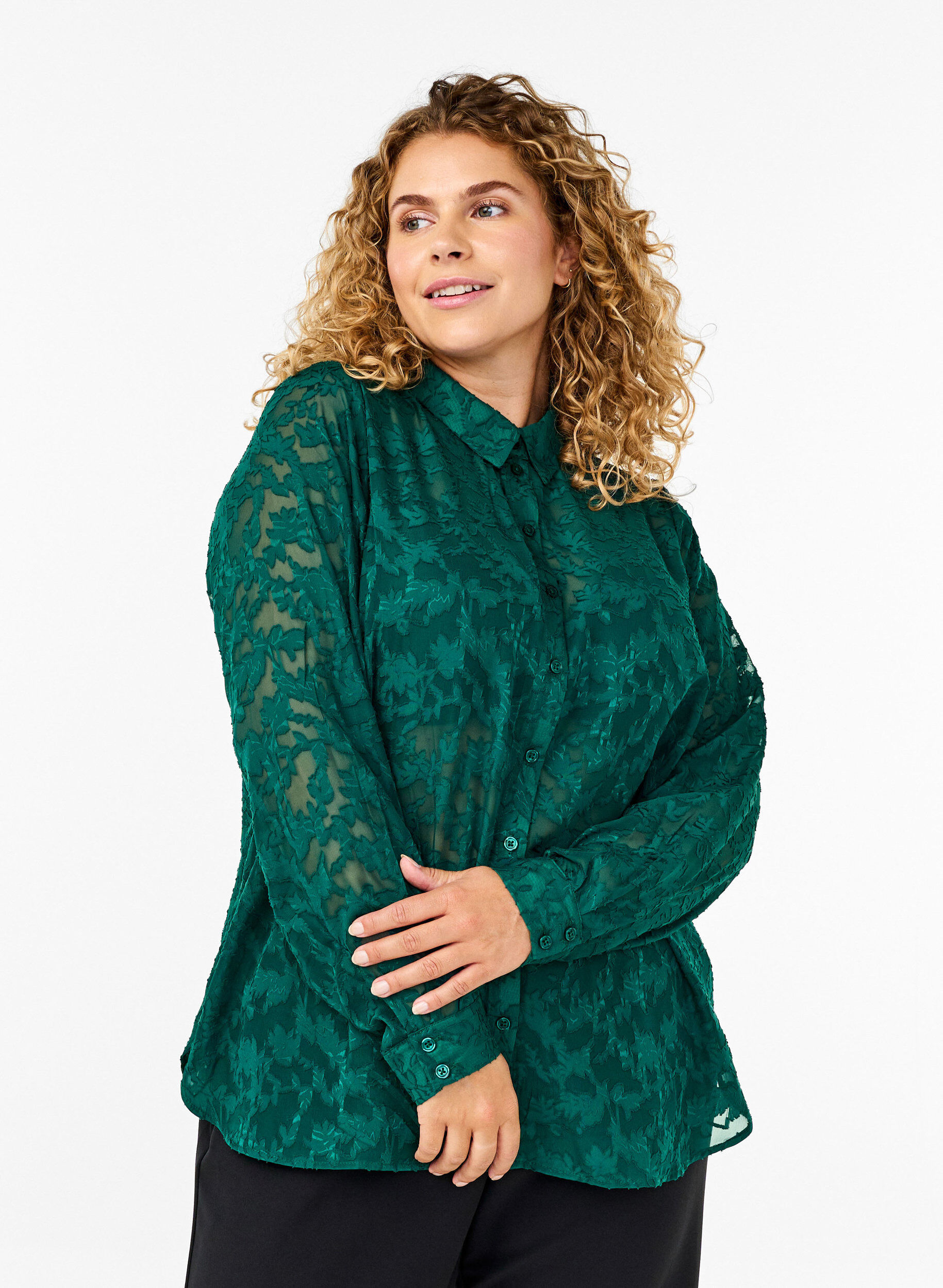 Zizzi Jacquard-skjorte med knapper, Rain Forest, Model image number 0