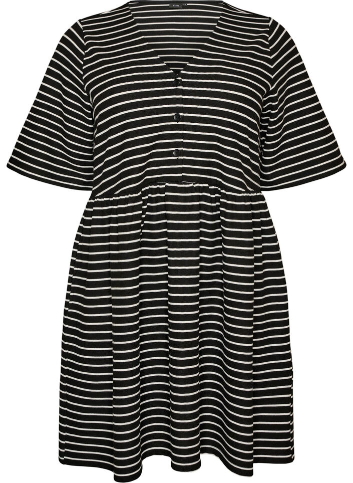 Kjole med ribbet tekstur og empirelinje, Hvit, Packshot image number 0