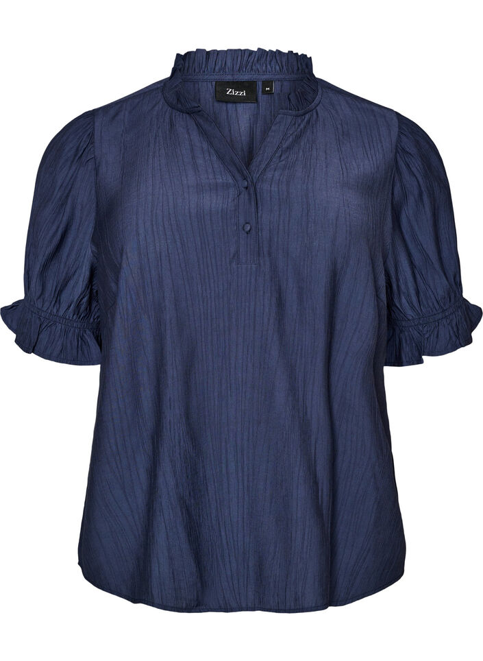 Bluse i en kr&oslash;llete viskosblanding med V-hals, Bl&aring;, Packshot image number 0