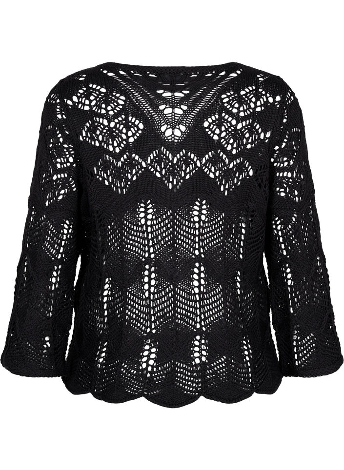 Strikket bluse med hullmønster, Black, Packshot image number 1
