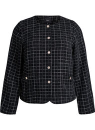 Kort rutete bouclé-blazer med rund hals, Black w. Check