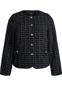 Kort rutete bouclé-blazer med rund hals, Svart Kort rutete bouclé-blazer med rund hals
