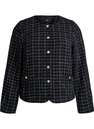 Zizzi Kort rutete bouclé-blazer med rund hals, Svart, Packshot image number 0