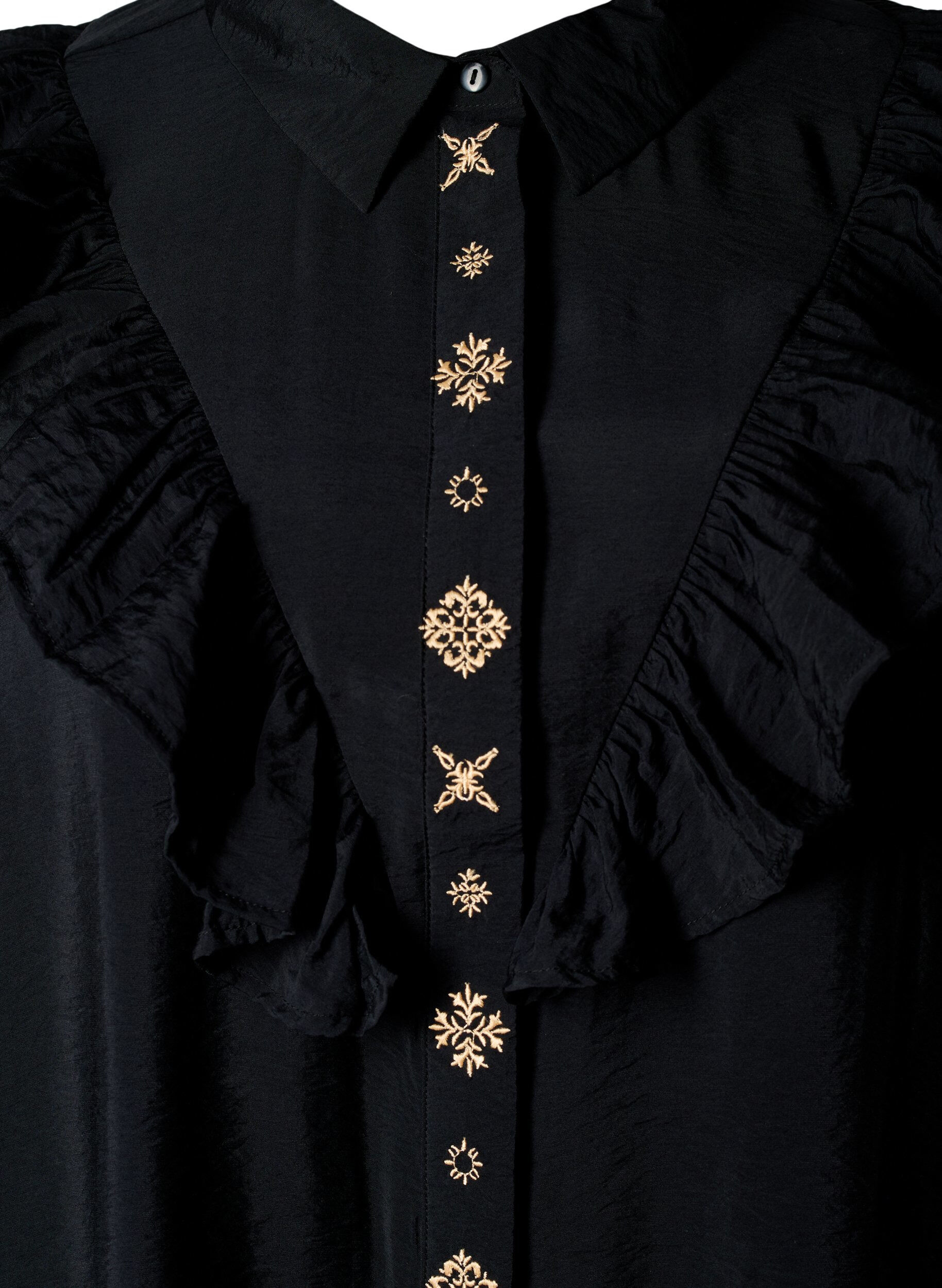 Zizzi Skjortekjole med volanger og broderier, Black, Packshot image number 2