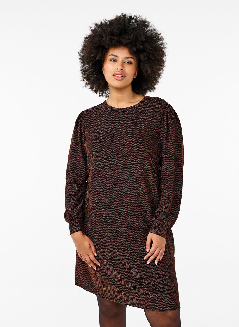 Kjole med sikksakkmønster og glitter, Copper ZigZagShimmer, Model image number 0