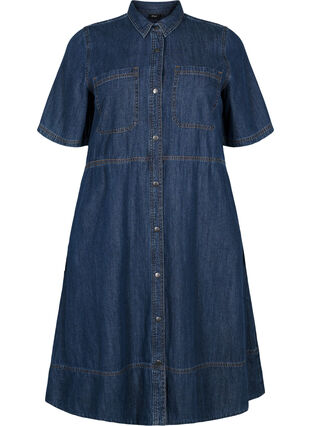 Zizzi Skjortekjole i denim med korte ermer, Blå, Packshot image number 0
