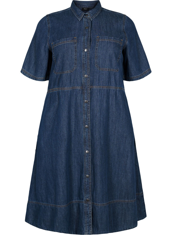 Skjortekjole i denim med korte ermer, Blå, Packshot image number 0