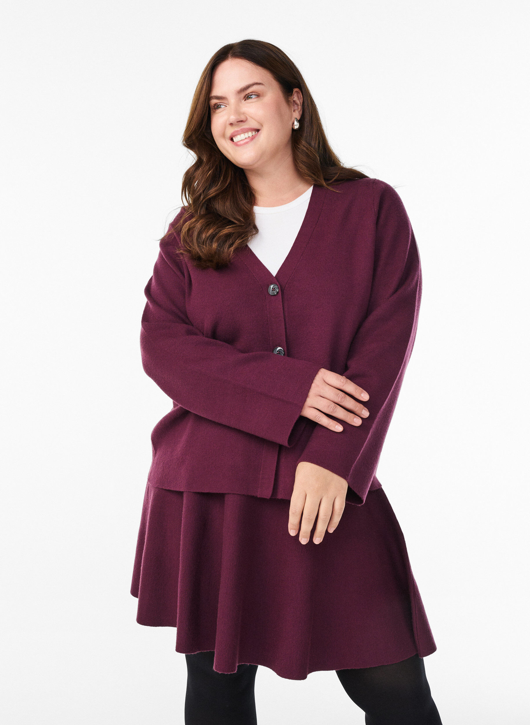 Kort strikket A-linjeformet skj&oslash;rt, M&oslash;rk Bordeaux, Model