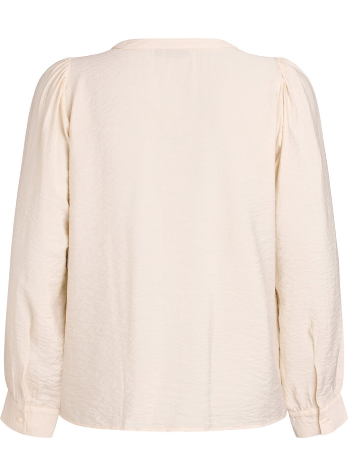 Bluse med V-hals og broderte bånd, Beige, Packshot image number 1