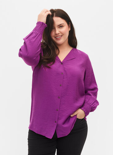 Skjorte i viskose med smock-ermer, Grape Juice, Model image number 0