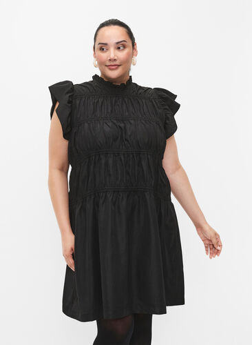 Kjole med volanger og elastiske kuttelinjer, Black, Model image number 0