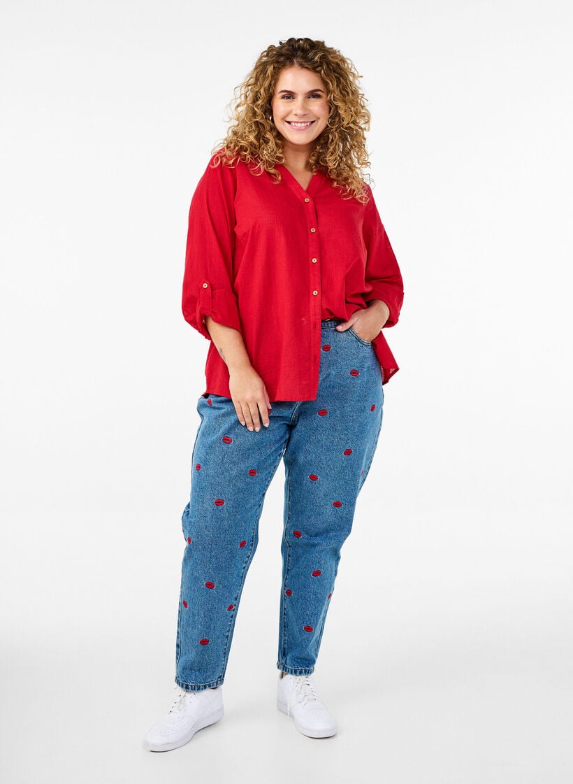 Mille mom-fit jeans med broderi, Blå, Model image number 0