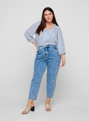 Mom fit Mille jeans med blomster, Blue denim, Model image number 0