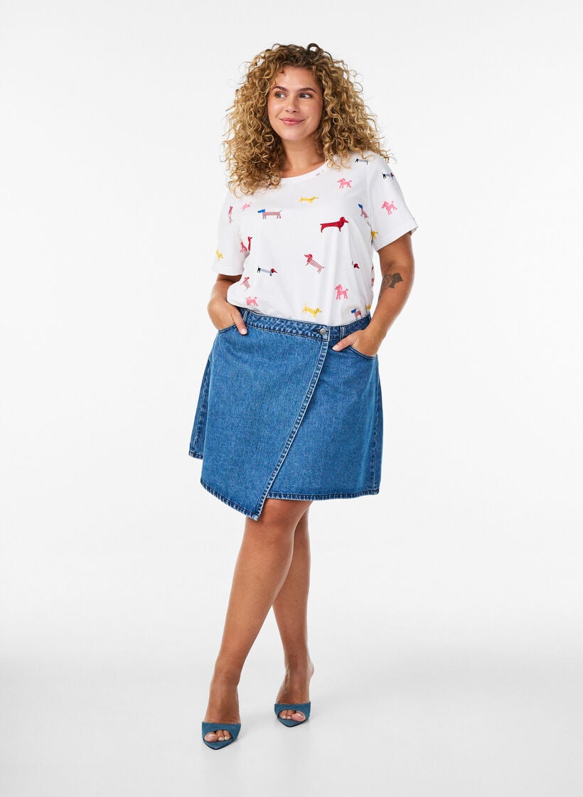 Bomulls T-skjorte med hundetrykk, Hvit, Model image number 1