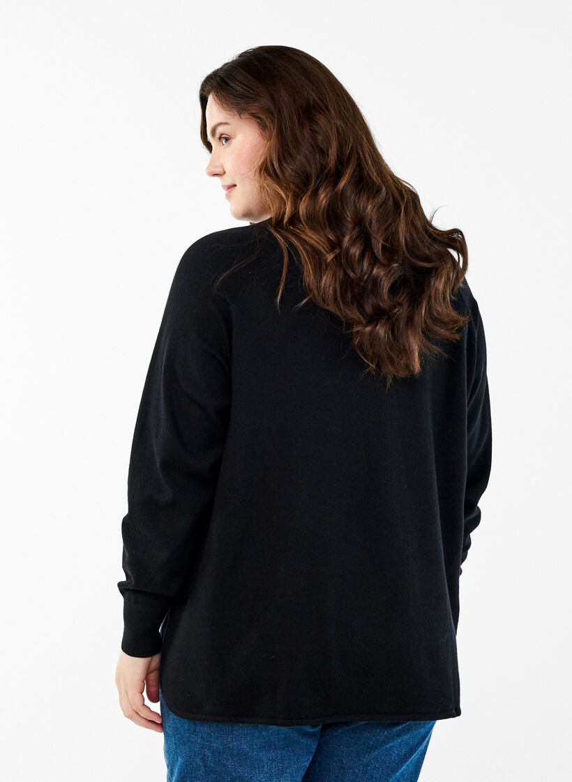 Strikket bluse med rund hals og strikket m&oslash;nster, Svart, Model image number 2