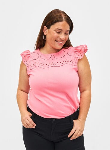 T-skjorte i økologisk bomull med engelske blonder, Strawberry Pink , Model image number 0