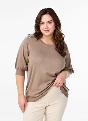Zizzi Strikket bluse med korte ermer og små sløyfer, Beige, Model image number 0