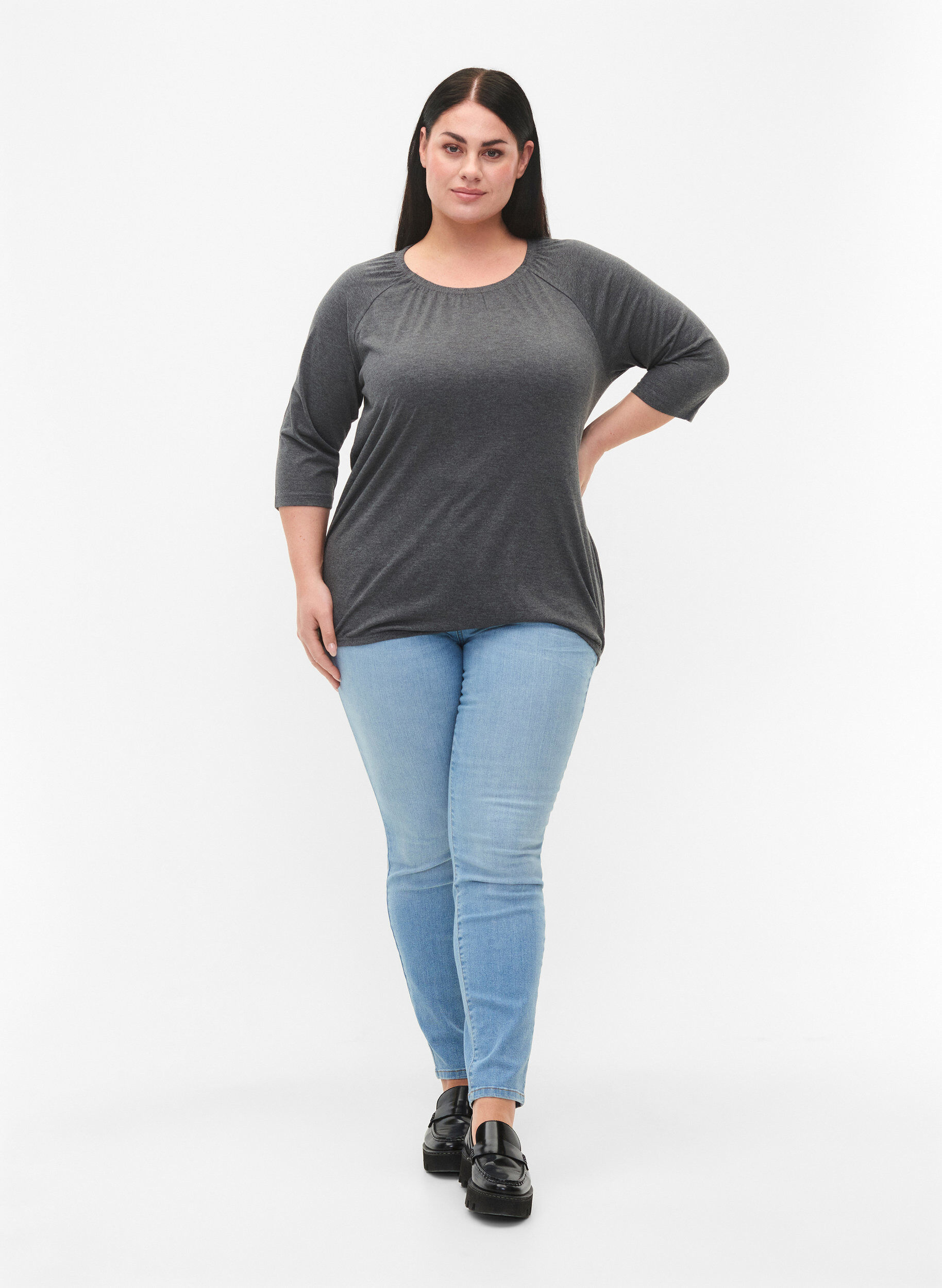 Zizzi Stripete bluse med 3/4 ermer, Dark Grey Melange, Model image number 2