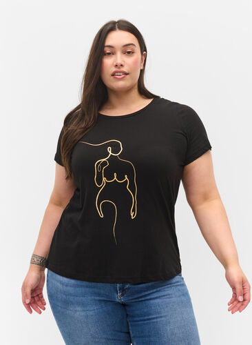 T-skjorte i bomull med trykk, Black w. Gold Foil , Model image number 0