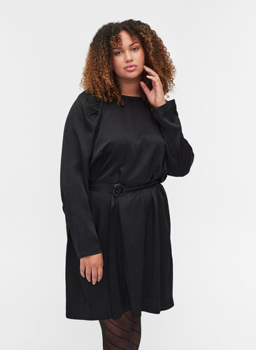 Kjole med puffermer og midjebelte, Black, Model image number 0