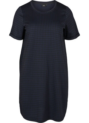 Rutete kjole med korte ermer, Navy, Packshot image number 0