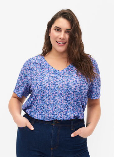 FLASH - Mønstret T-skjorte med V-hals, Blue Rose Ditsy, Model image number 0