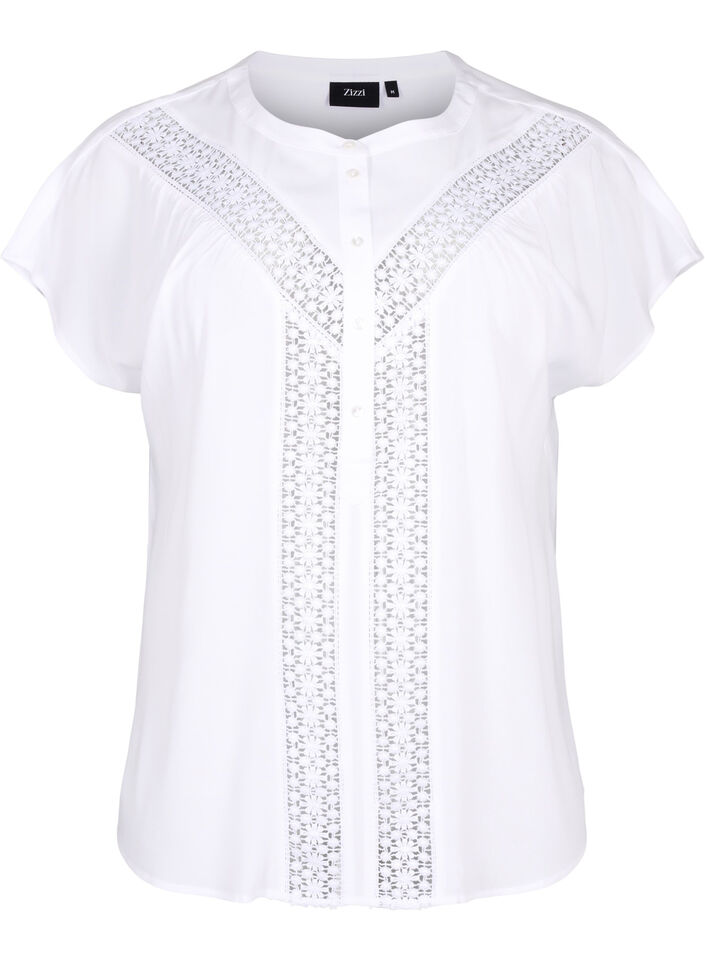 Viskosebluse med blondekant, Bright White, Packshot image number 0