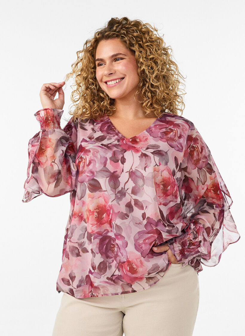 Bluse med blomstertrykk, V-hals og rysjede ermer, Rosa, Model