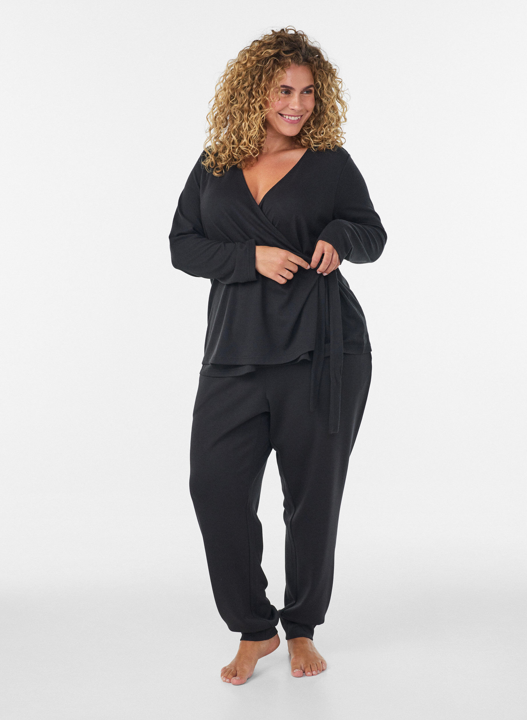 ZizziJersey-wrap bluse med knytebelte, Svart, Model image number 4