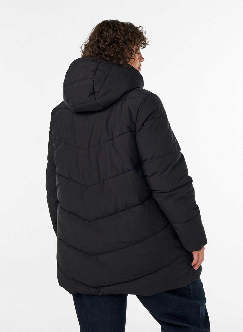 Mellomlang pufferjakke med hette, Svart, Model image number 2