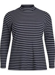 Stripet ribbet jerseybluse med høy hals, Black w. White