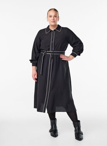 Zizzi Midiskjortekjole med kontrastkanter, Svart, Model image number 0