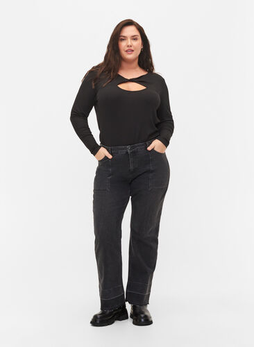 Bluse med detalj på brystet og lange ermer, Black, Model image number 2