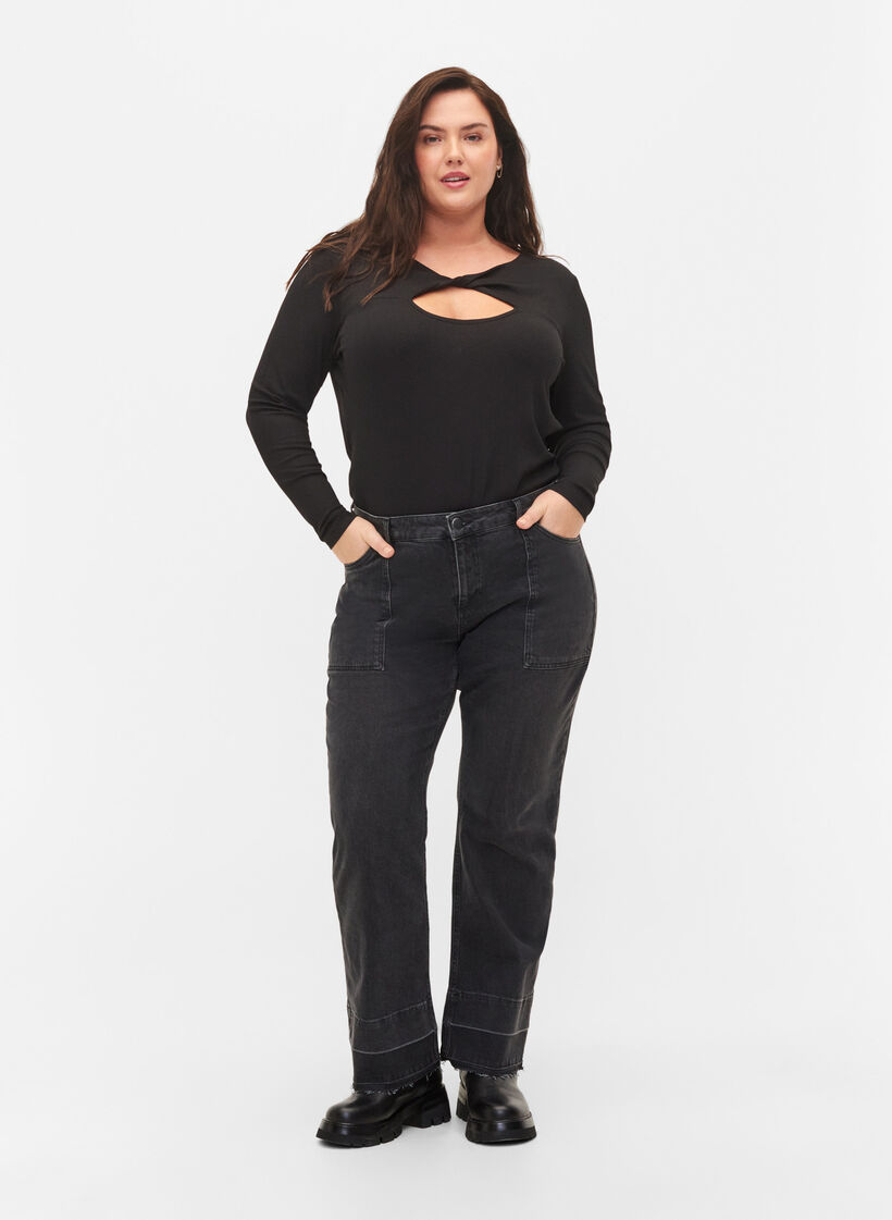 Bluse med detalj på brystet og lange ermer, Black, Model image number 2
