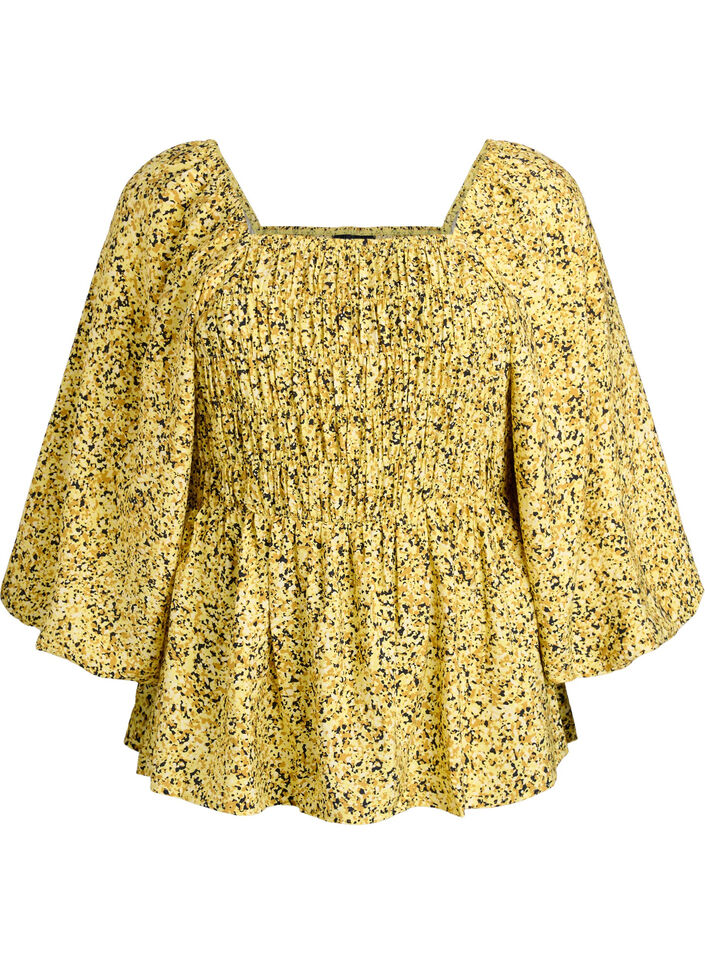 Bluse med smock og firkantet utringning, Gul, Packshot