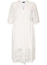 Midikjole med broderie anglaise og empirelinje, Hvit
