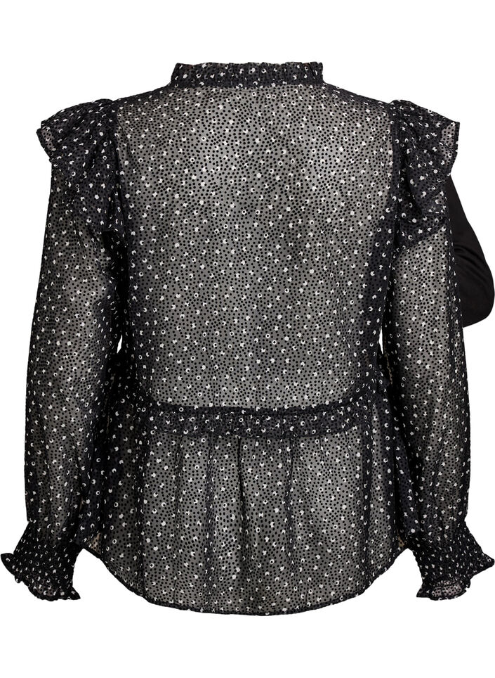 Chiffonbluse med volangdetaljer og små prikker, Svart, Packshot image number 1
