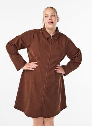 Zizzi Kort kjole i twill med glidelås, Brun, Model image number 0