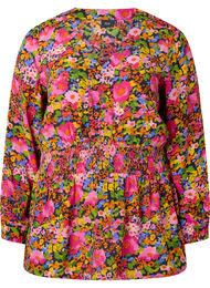 Bluse i viskose med blomstermønster og smock, Neon Flower Print