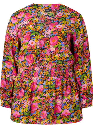 Bluse i viskose med blomstermønster og smock, Neon Flower Print, Packshot image number 0