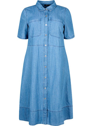 Skjortekjole i denim med korte ermer, Light Blue Denim, Packshot image number 0