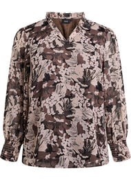 Bluse med blomstertrykk, Black w. Flower AOP