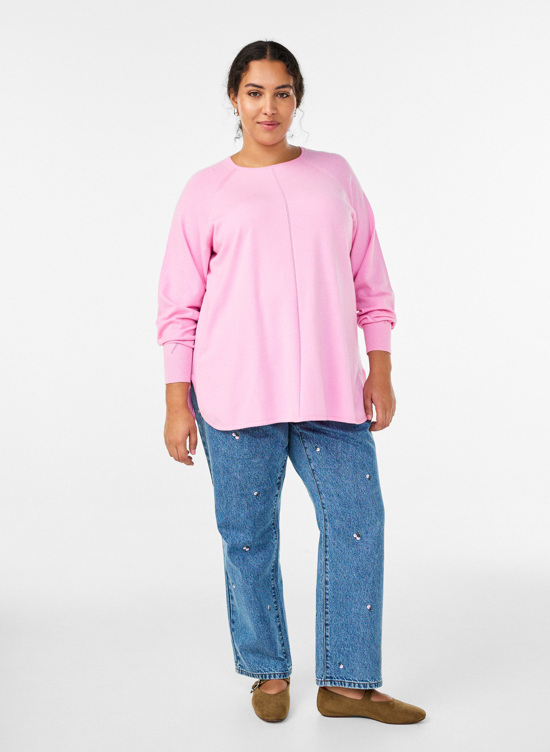 ZizziStrikkebluse med rund hals og strikket m&oslash;nster, Rosa, Model image number 1