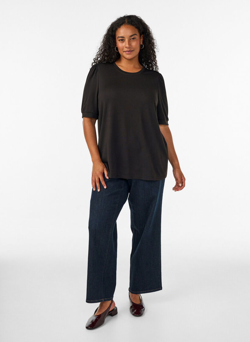 Bluse med knappedetaljer og korte puffermer, Svart, Model image number 1