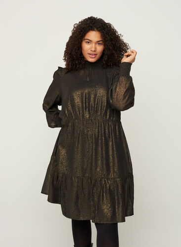 Langermet kjole med smock, Black w. Gold, Model image number 0