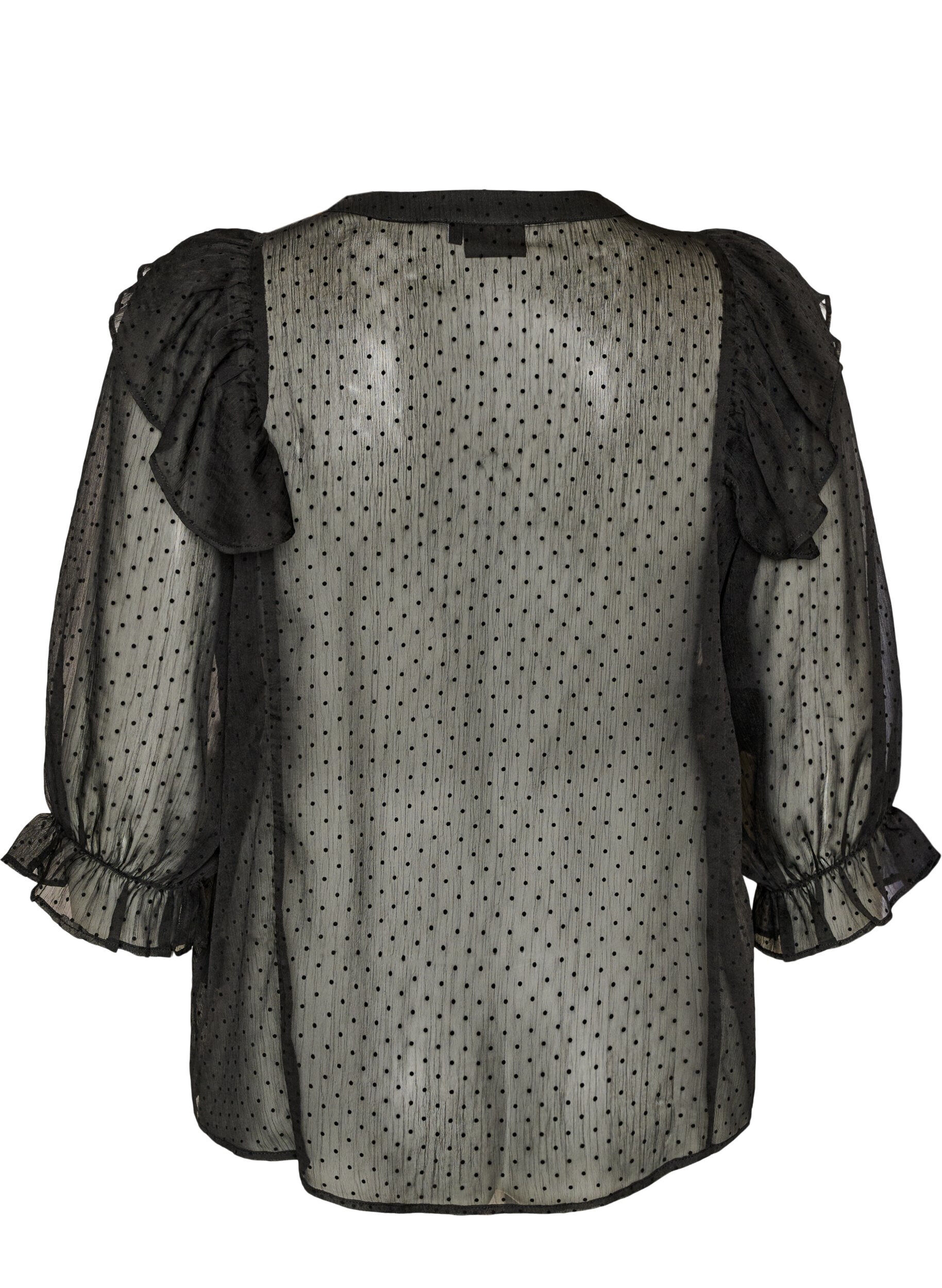 ZizziGjennomsiktig bluse med prikker og volangdetaljer, Svart, Packshot image number 1