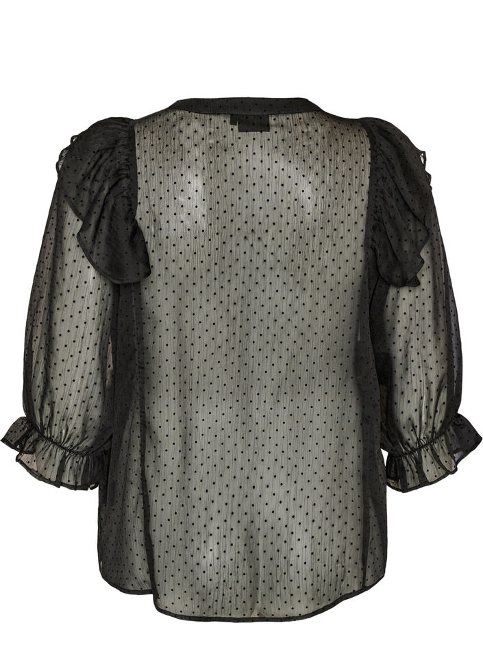 Gjennomsiktig bluse med prikker og volangdetaljer, Svart, Packshot image number 1