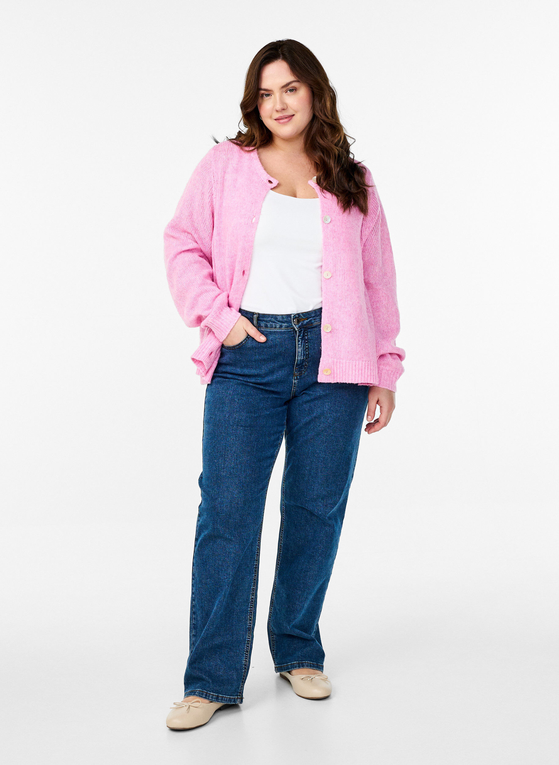 Zizzi Strikket cardigan med ull og knapper, Begonia Pink Mel., Model image number 2