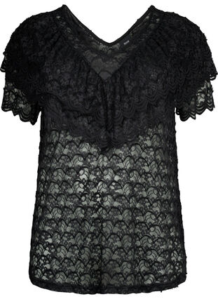 Zizzi Kortermet bluse med volanger, Svart, Packshot image number 0