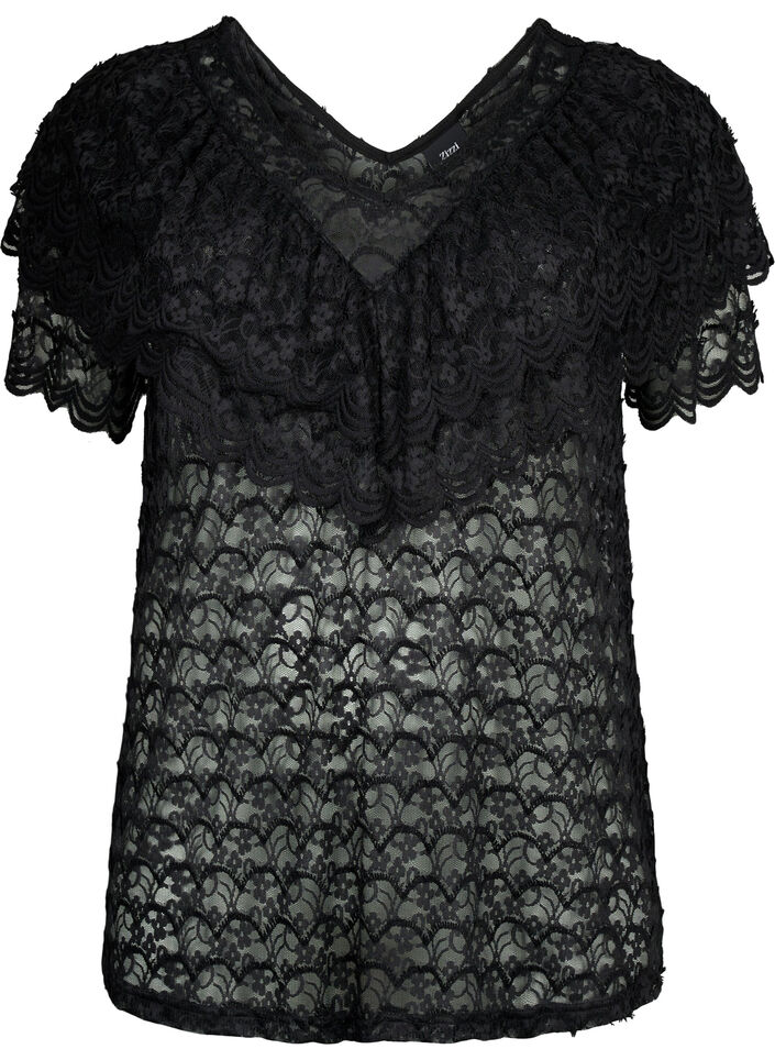 Kortermet bluse med volanger, Svart, Packshot image number 0